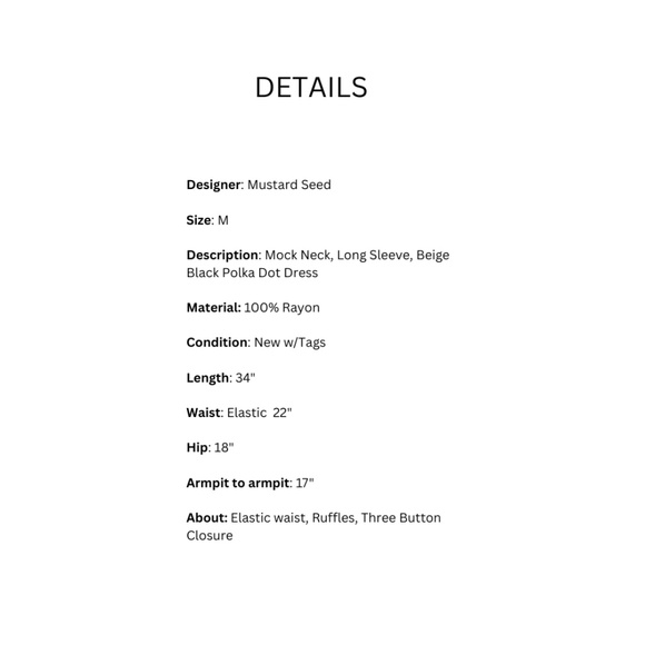 Mustard Seed: Mini Mock Neck Beige Black Polka Dot Dress Size M  Long sleeve - Picture 8 of 8